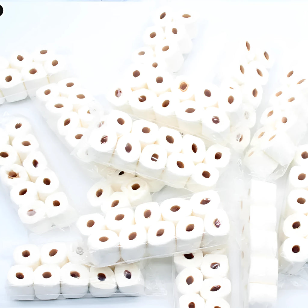 Miniature brown paper toilet paper roll model for childrens toys, size 30mm by 15mm by 80mm.