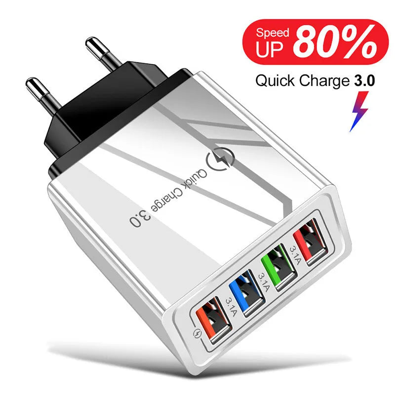 Four-port USB wall charger with international plug options in black, blue, red, orange, and grey colour variations