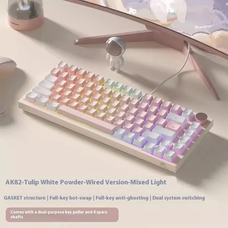 Creative Color Tulip White Mixed Light Green Axis Wired Keyboard on desk