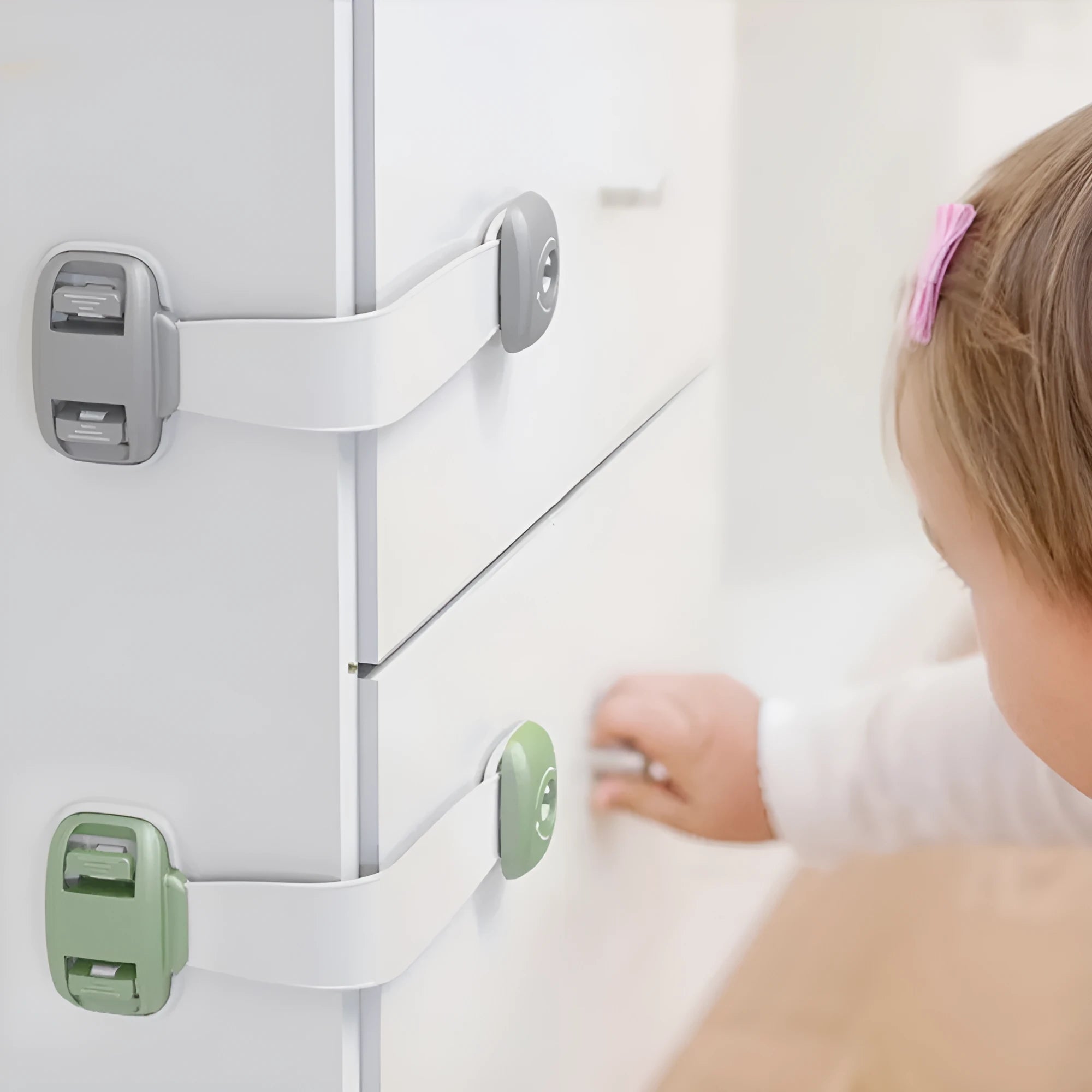 Adjustable child safety cabinet lock with strap showing grey colour and adhesive backing