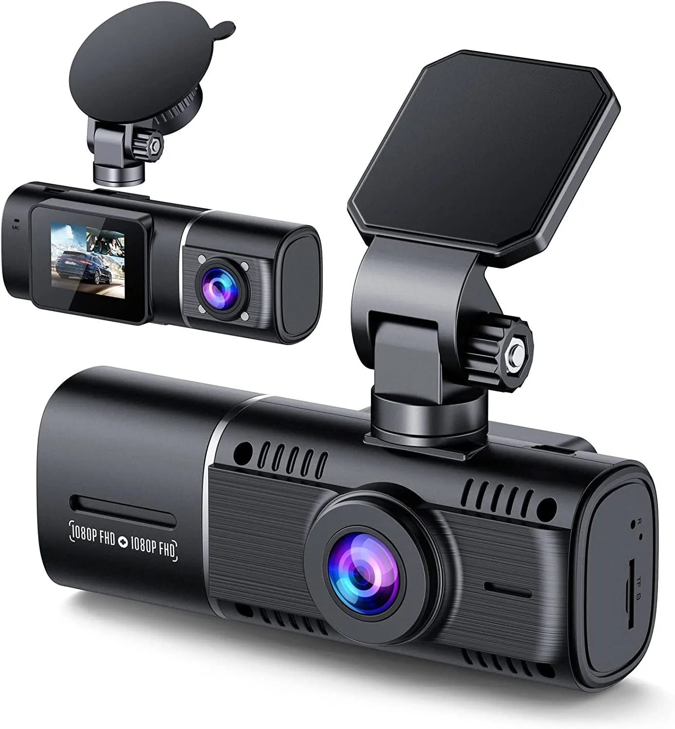 Standard black dual-channel car dash cam with 1.5-inch screen, rear camera, mount, and car charger on box.