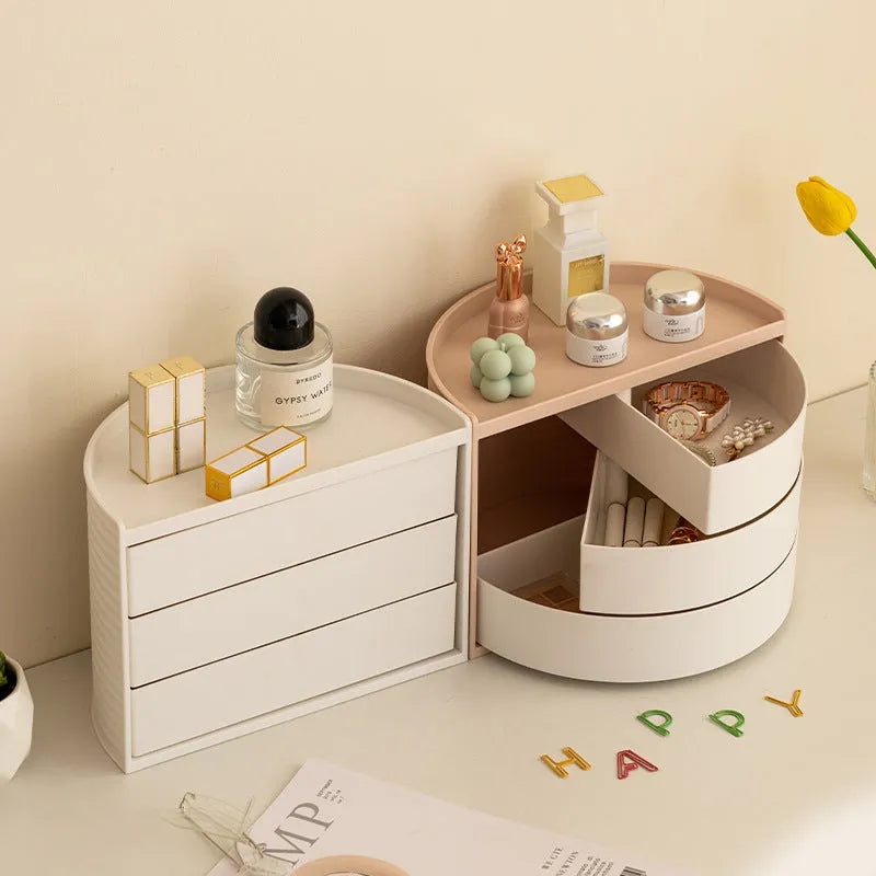 Rotating cosmetics storage box in white or pink, plastic, 27x15.5x19.5cm, for makeup and toiletries.