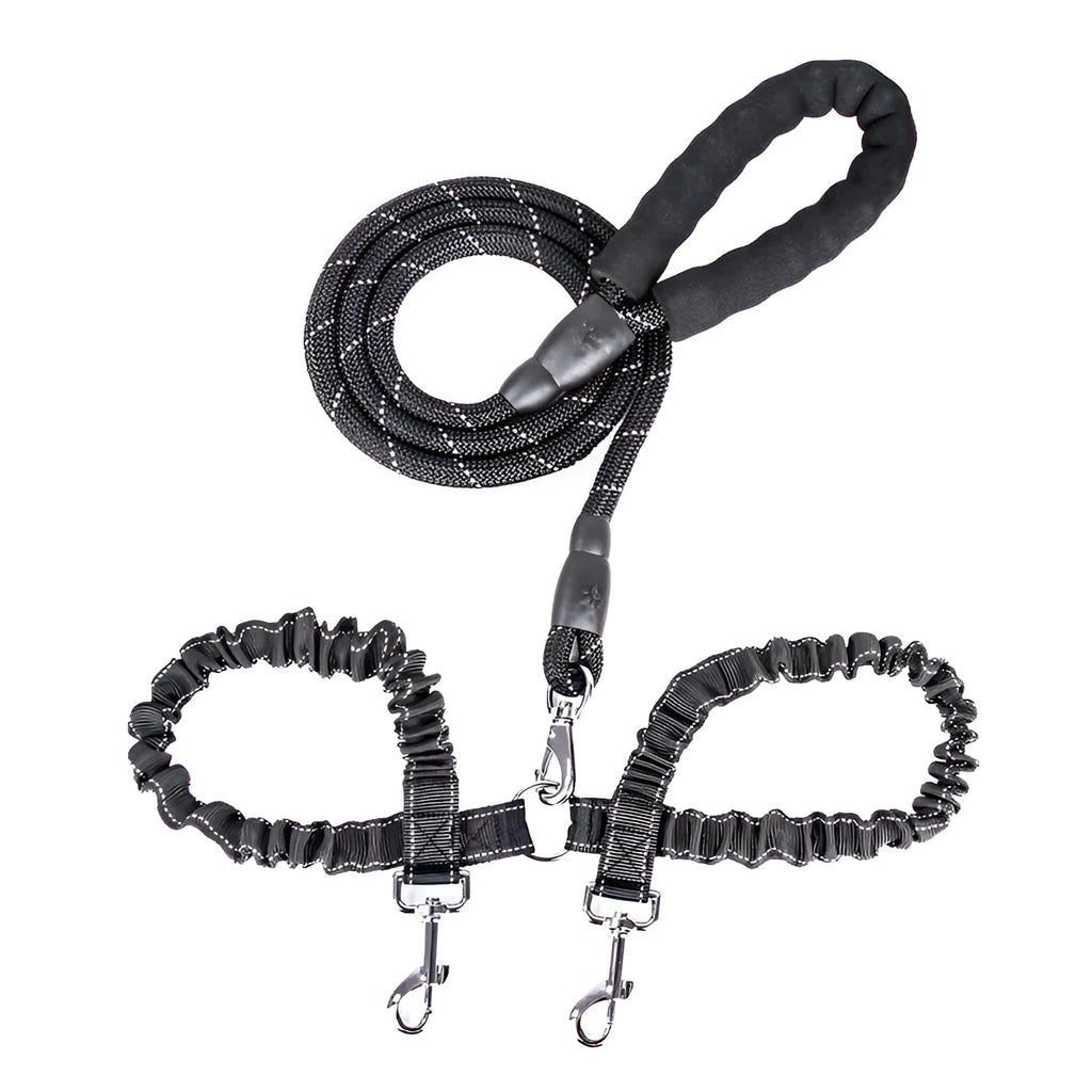 Black nylon double dog leash with two heads for walking two pets