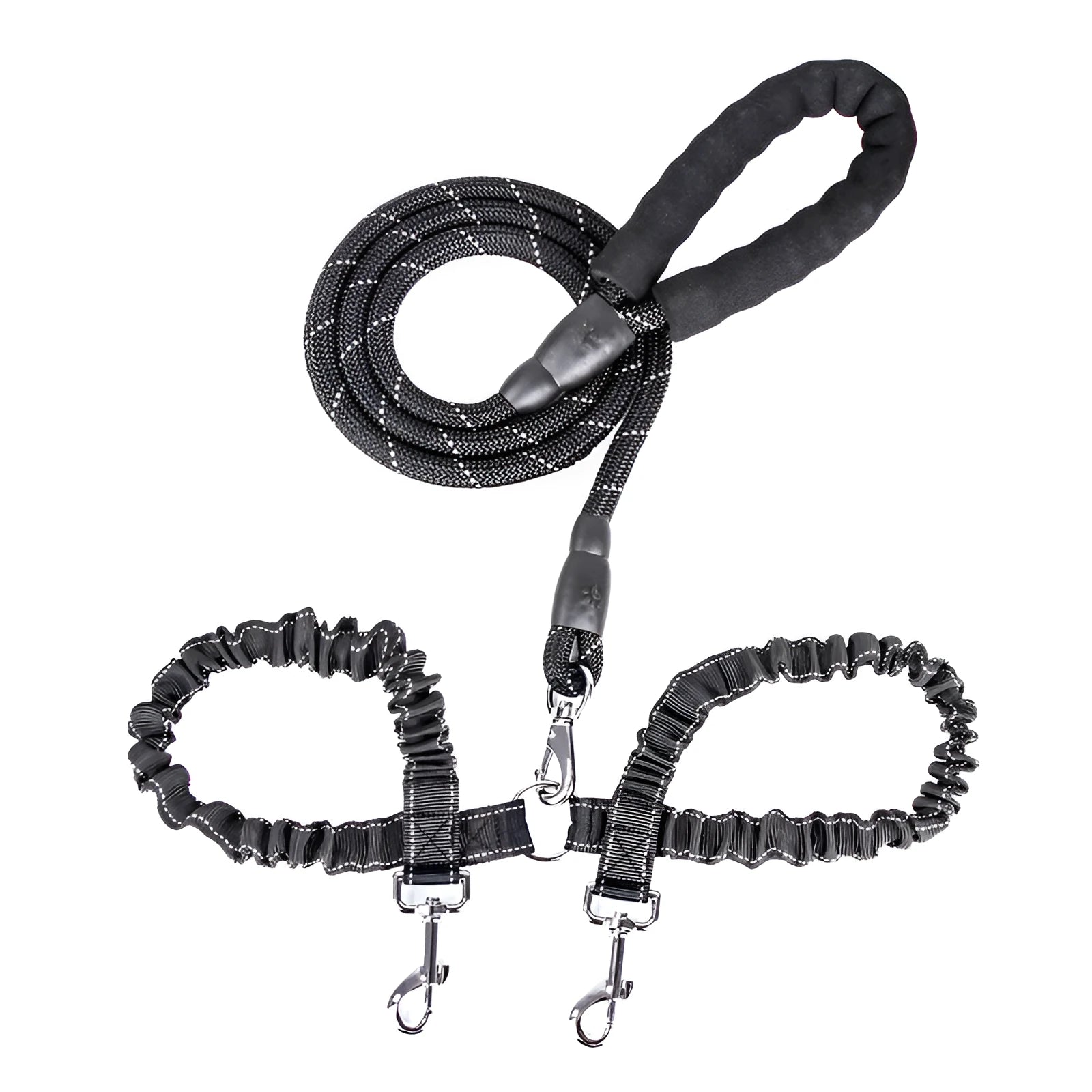 Black nylon double dog leash with two heads for walking two pets