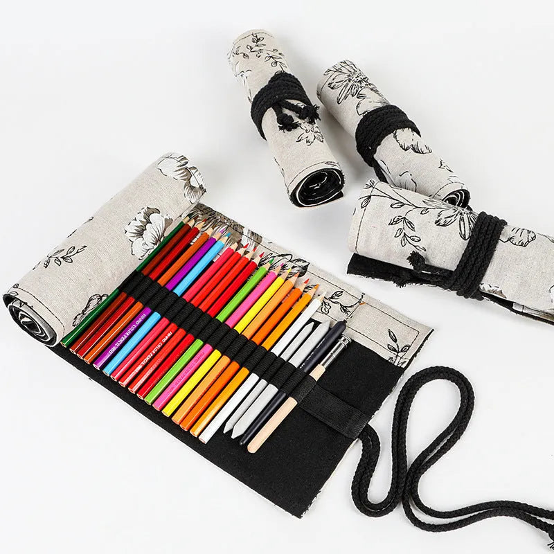Black peony floral print pencil roll bag in cotton hemp canvas with 24 or 72 hole capacity options