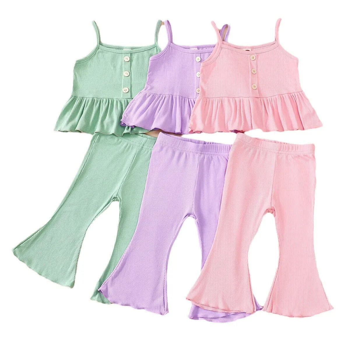 Girls cotton tricolor overall dress set in ocean green with shirt and pants, front view
