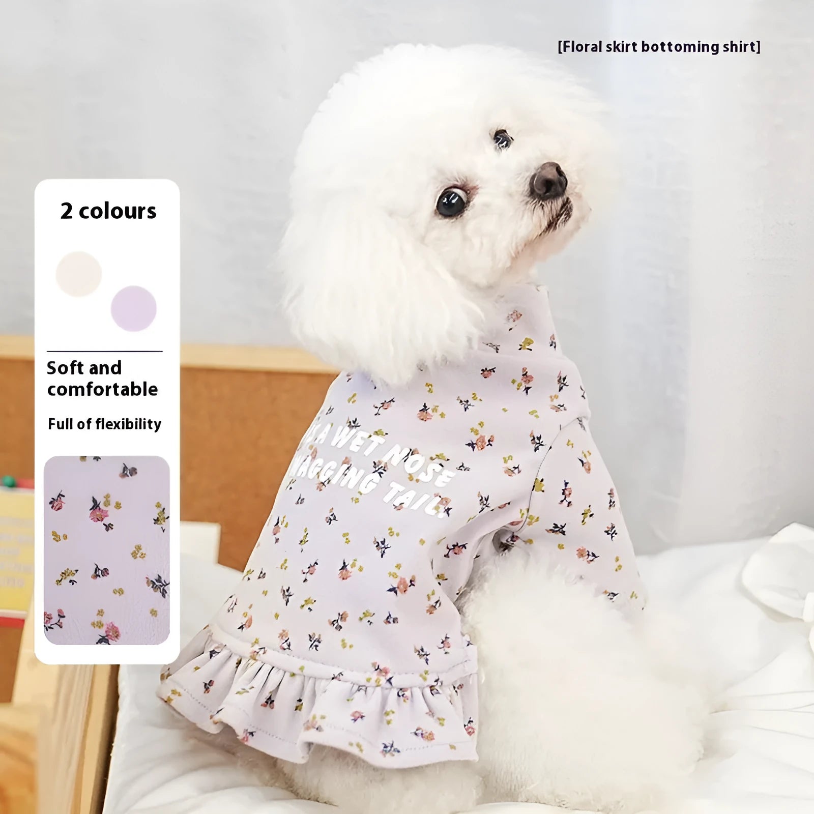Light purple dog outerwear with floral skirt undershirt for small dogs on a Teddy Bichon.