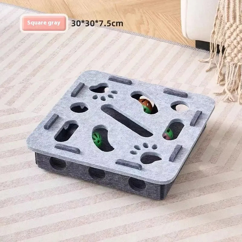 Cat self-hi toy felt box measuring 30cm wide with central relieving hole in camel white colour
