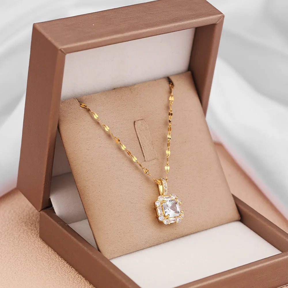 Women's geometric quadrilateral clavicle chain with mixed gemstones on water wave titanium steel chain