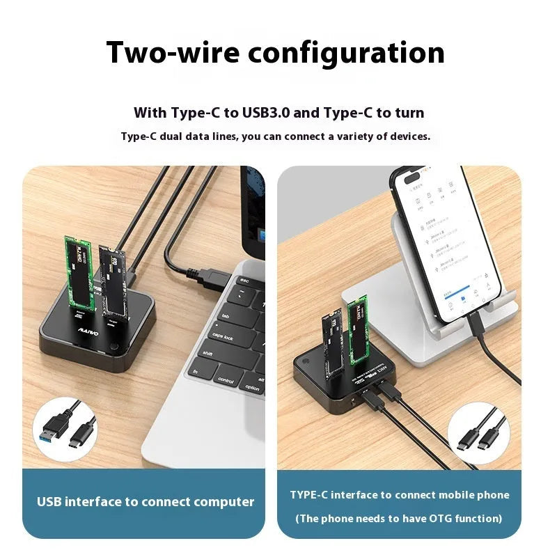 MAIWO K3016 M2 solid state drive cloner dock unit with USB-C cables and power adapter on a desk.