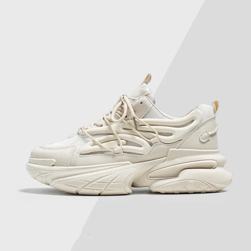Men's beige low-top sneakers with mesh upper, platform rubber sole, and lace-up front