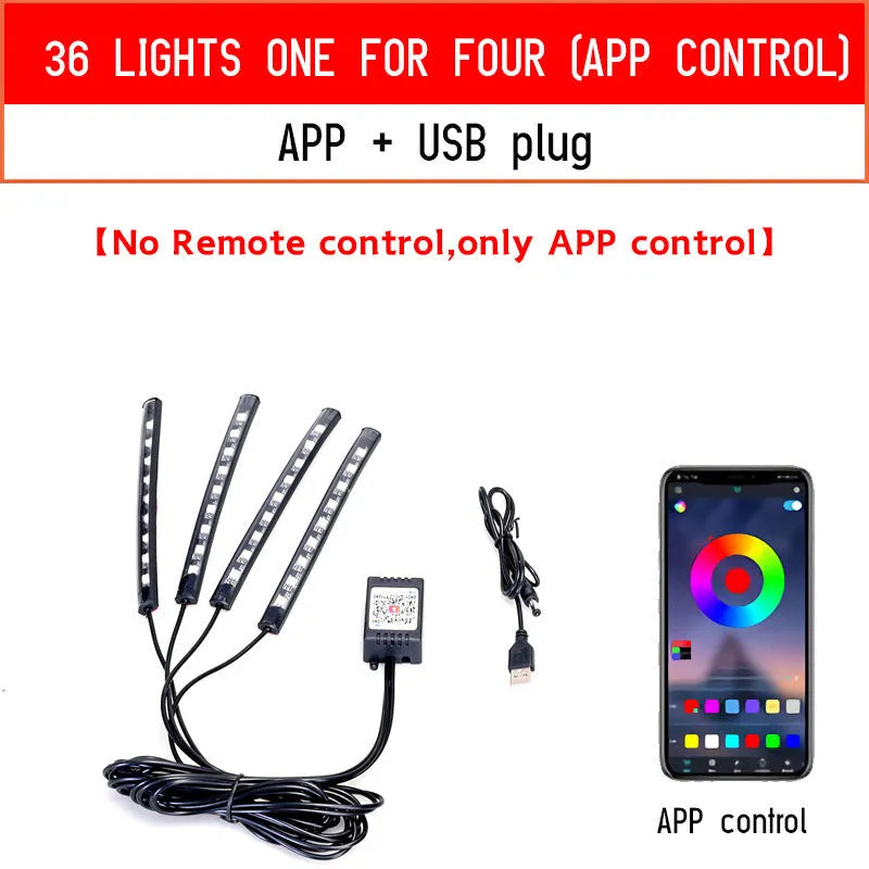 Car footwell LED atmosphere lighting strips with smartphone APP control showing eight colour options
