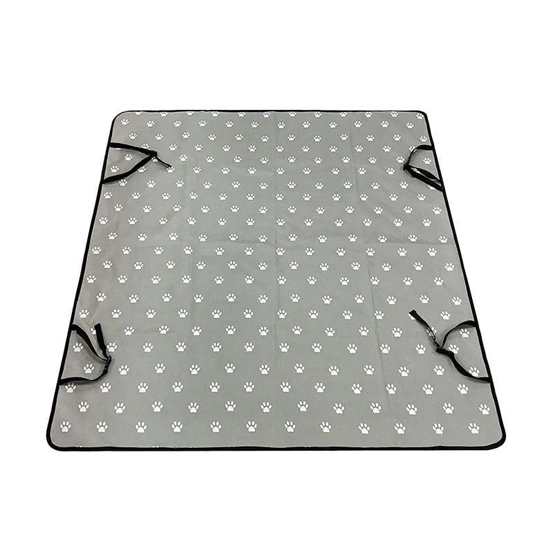 Grey car pet mat with dog bone print covering a vehicle's rear seat.