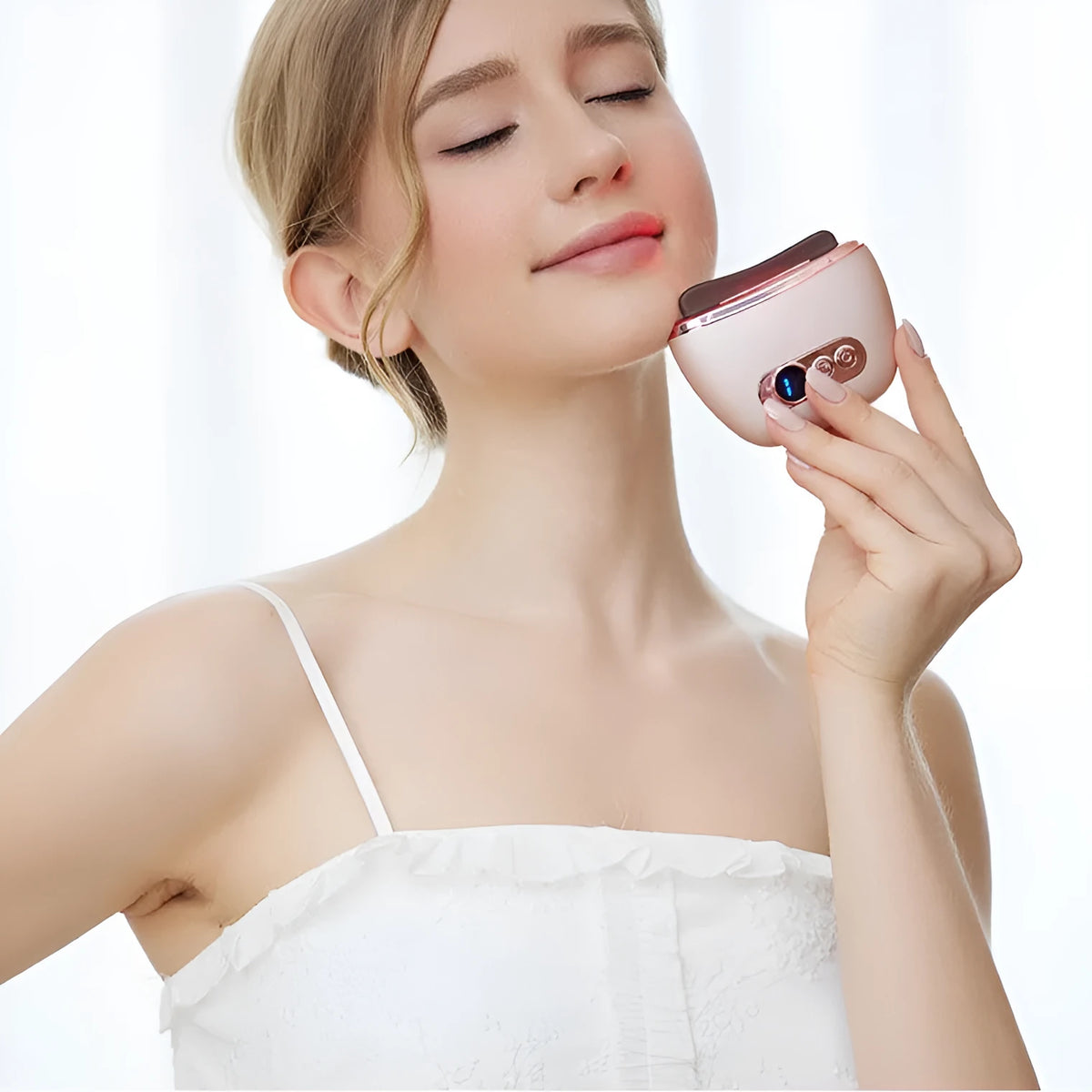 Smart meridian face massager with stone scraping plate, constant temperature heat, rechargeable ABS body, ivory white pink dark green