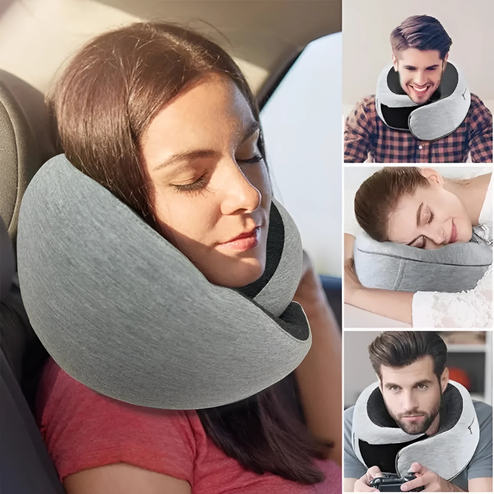 Navy blue memory foam U-shaped travel neck pillow rolled up next to its carry bag