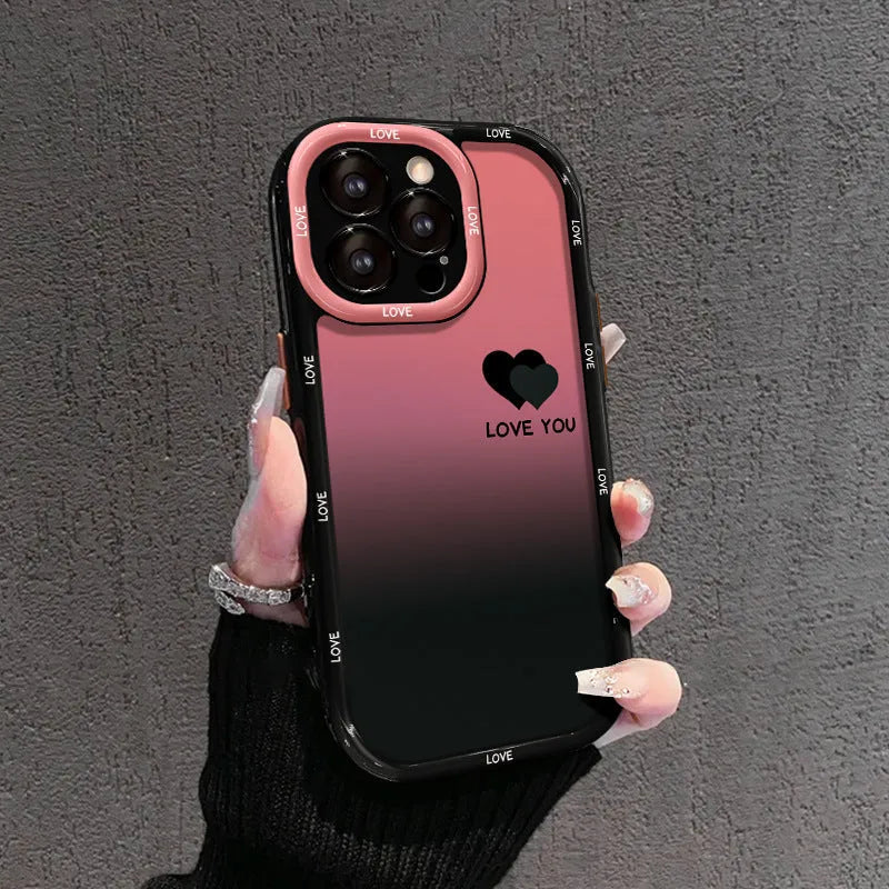 Acrylic iPhone case with fine hole pattern showing gradient love heart design on black background