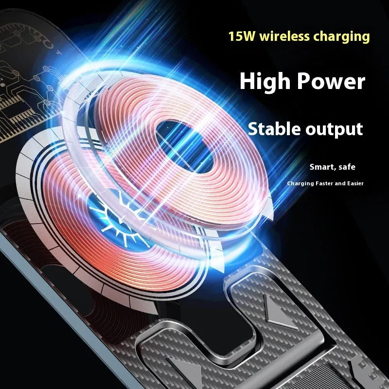 2-in-1 foldable wireless phone charger in black with Type-C input, measuring 143x143x69mm, designed for multiple device compatibilities.
