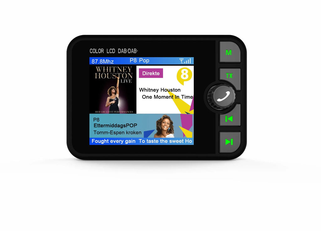 Black ABS car DAB digital receiver with 2.4-inch colour LED screen showing radio display