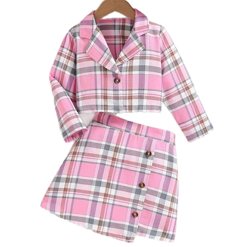 Girls plaid two-piece set with long-sleeved jacket and short skirt in pink, khaki, or black and gray