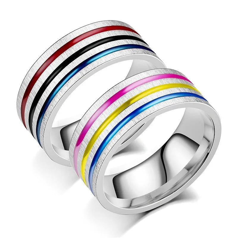 Titanium steel ring with rainbow drops of oil finish, flower shape, 8mm width, silver colour