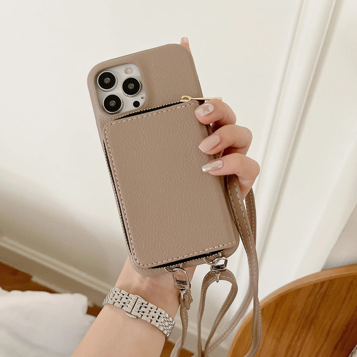 Leather phone case with lychee pattern, zipper card holder, and lanyard in black