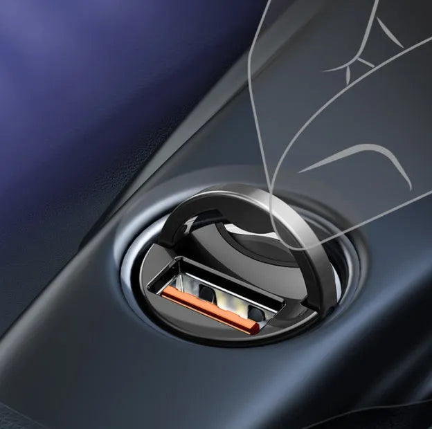 Baseus electro-optical grey 30W single USB car charger with 1 metre cable.