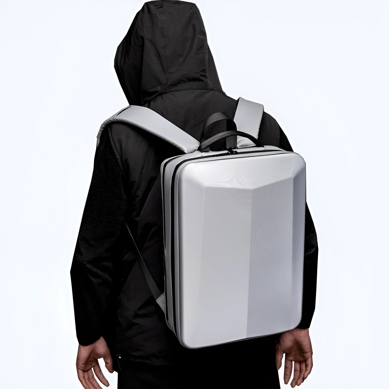 Men's waterproof business backpack in black with Oxford cloth panels and curved shoulder straps