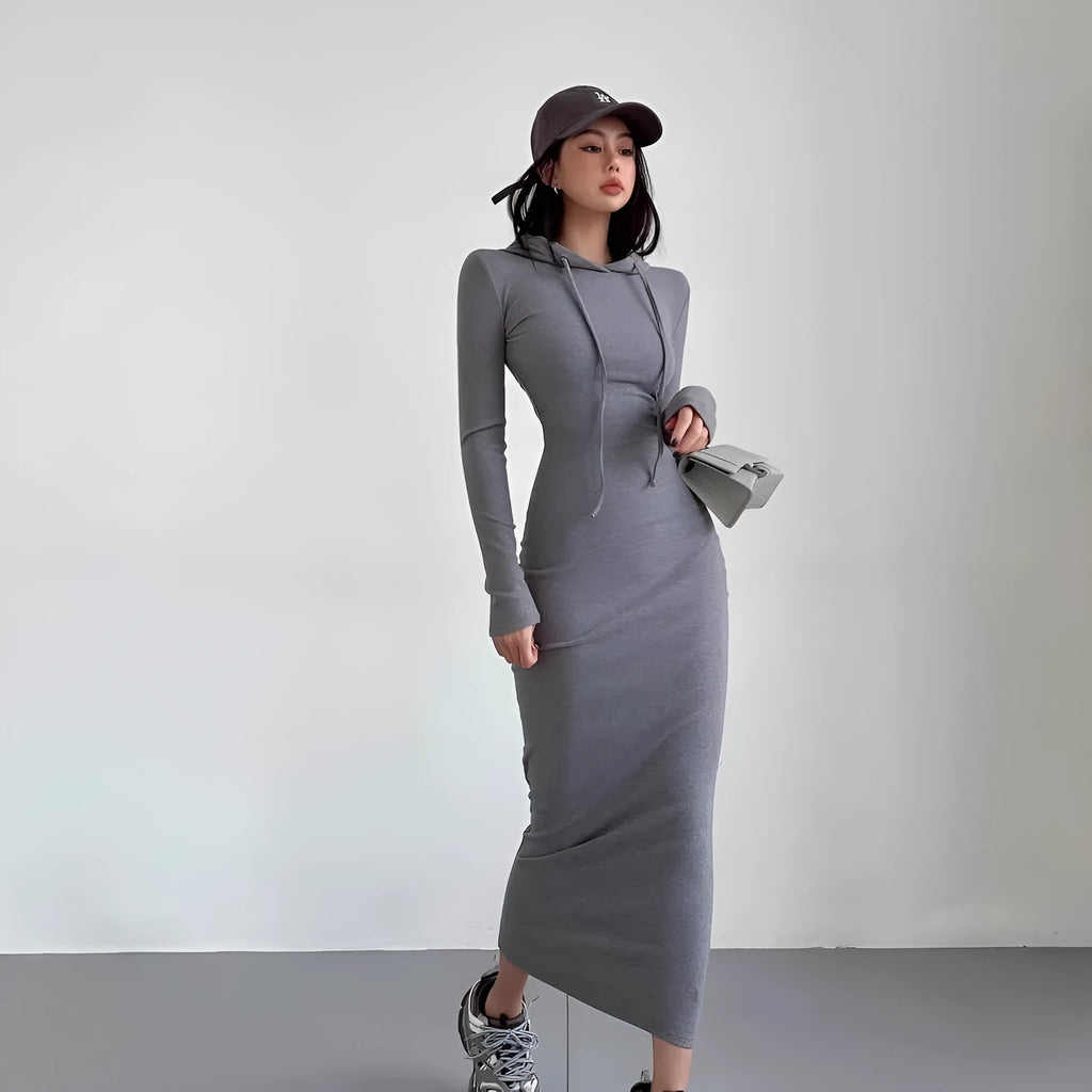 Women's long sleeve hooded sheath dress in polyester, shown in light grey colour