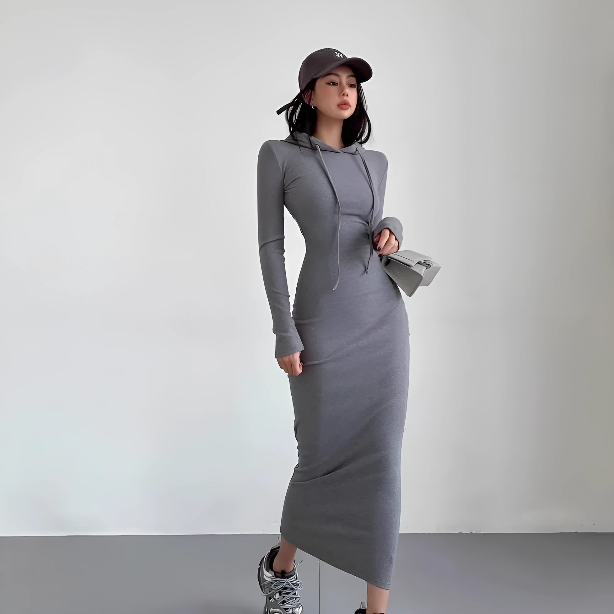Women's long sleeve hooded sheath dress in polyester, shown in light grey colour