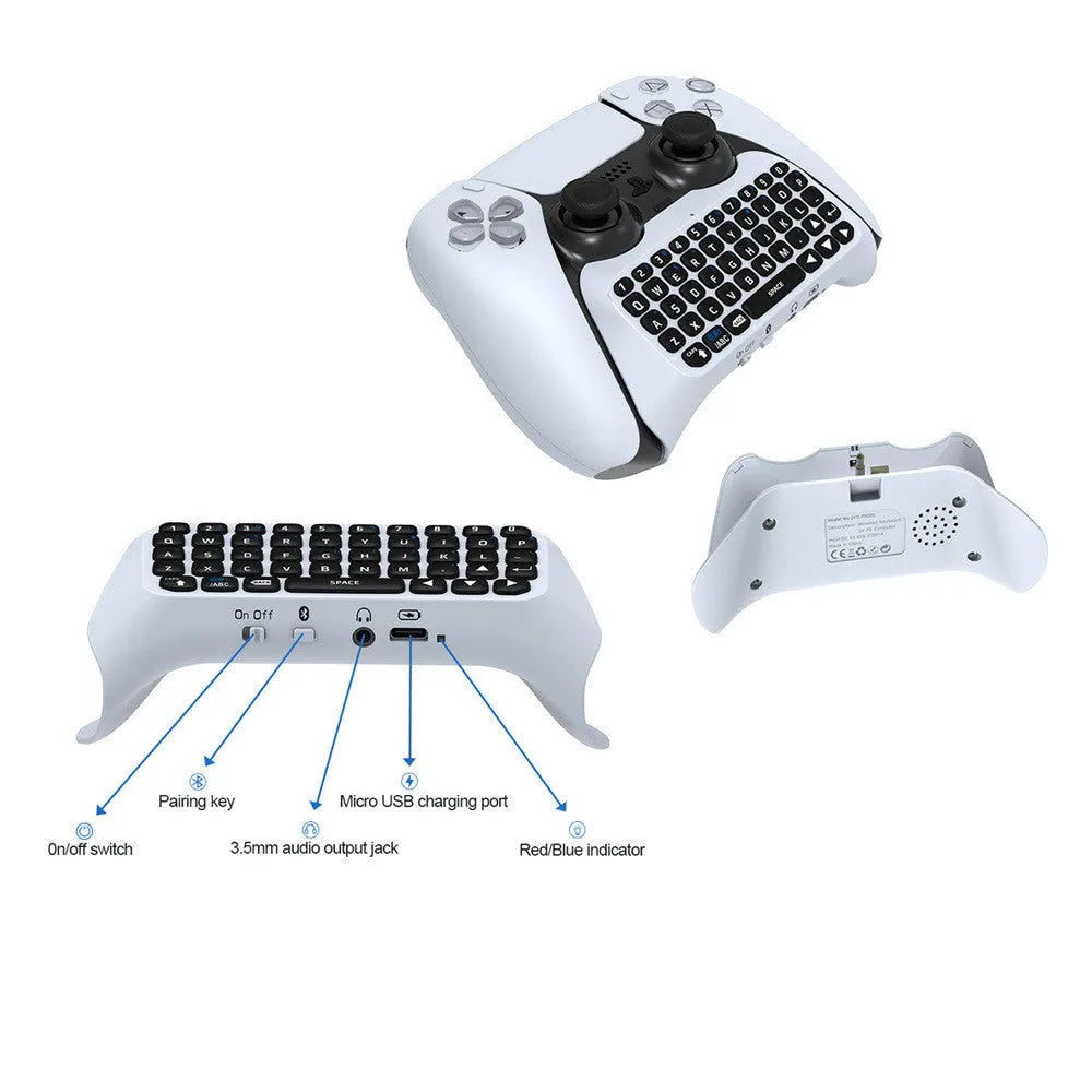 White PS4 Bluetooth chat keyboard attached to a controller, compact ABS design with USB charging cable