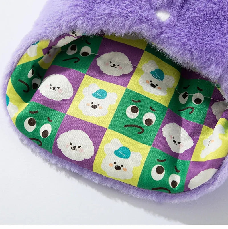 Pink Korean dog hoodie with cute cartoon bear print and scarf on a small teddy dog