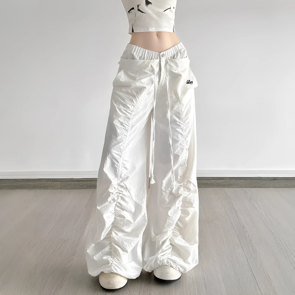 White ruffle drawstring lace letters embroidered slacks with high waist and multiple pockets