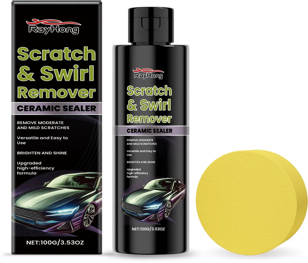 Scratch Swirl Remover 100g bottle and yellow round sponge for car paint correction