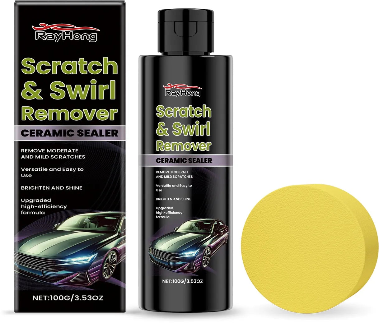 Scratch Swirl Remover 100g bottle and yellow round sponge for car paint correction