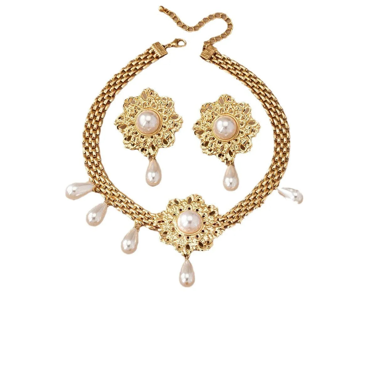 French retro hollow flower pearl tassel jewellery set in white, including necklace, earrings, and ring, alloy material