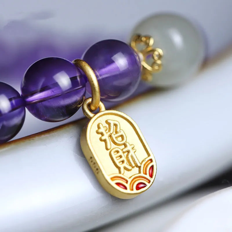 Amethyst crystal bracelet with 8mm round geometric beads in national style pattern