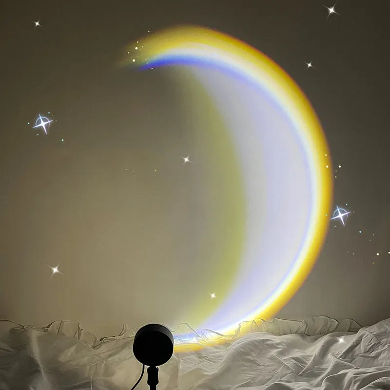 USB-powered moon projector lamp with Scandinavian design projecting rainbow pattern on wall