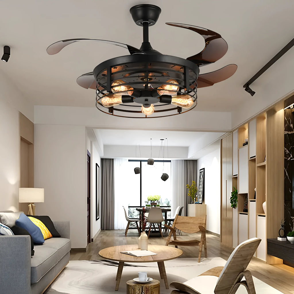 American retro style ceiling fan lamp with invisible retractable blades and acrylic shade, remote control on side.