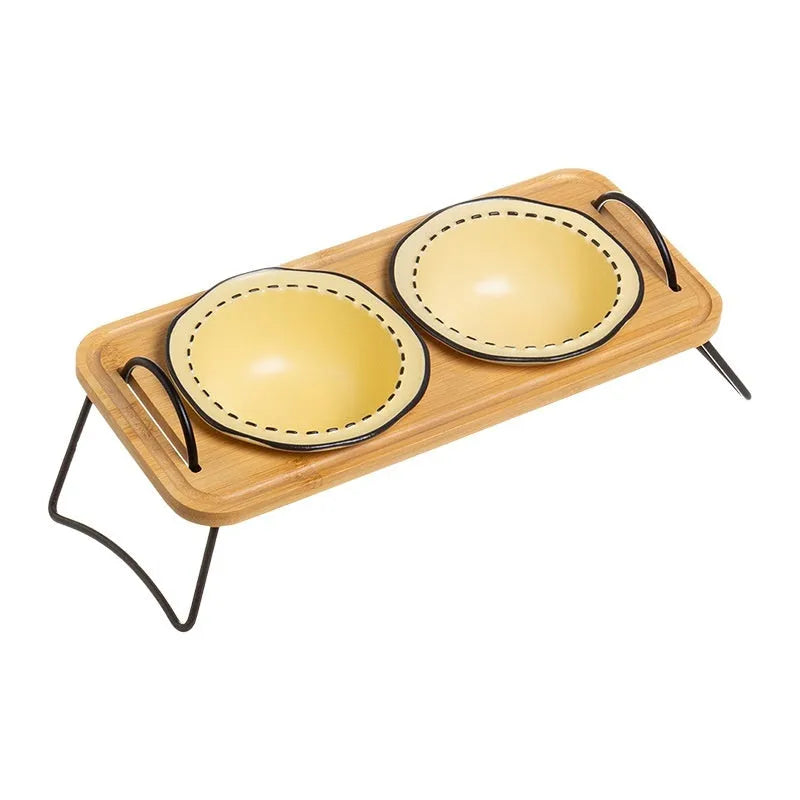 Pet wooden rack ceramic cat bowl anti-tumble oblique mouth feeding set in milk yellow