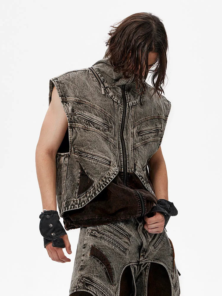 Men's sleeveless denim vest with front zipper in casual summer styling