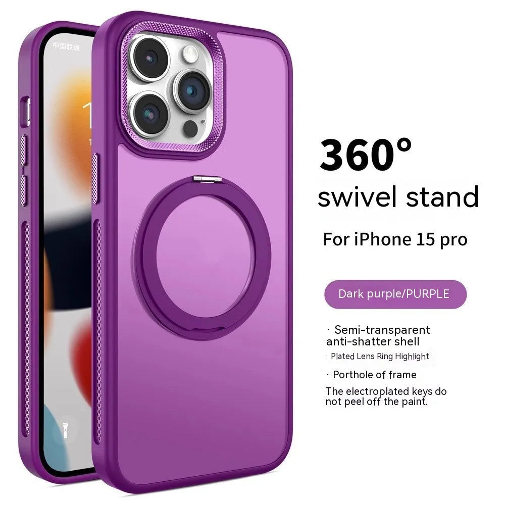 Rotating bracket magnetic suction iPhone case in deep sea blue, showing frosted silicone finish and integrated stand.