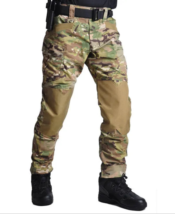 Quartermaster camouflage tactical pants in CP camouflage pattern, slim fit with belt loops and multiple pockets on light background