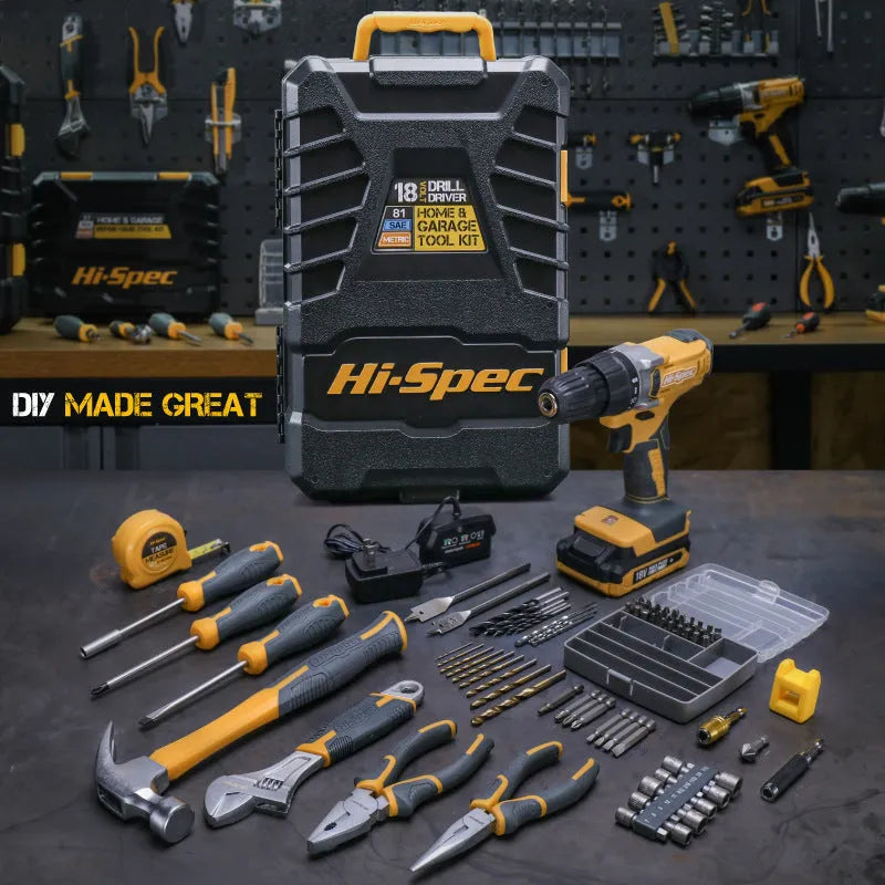 Grey yellow coloured hardware tool kit with 82 chrome vanadium steel pieces for furniture installation
