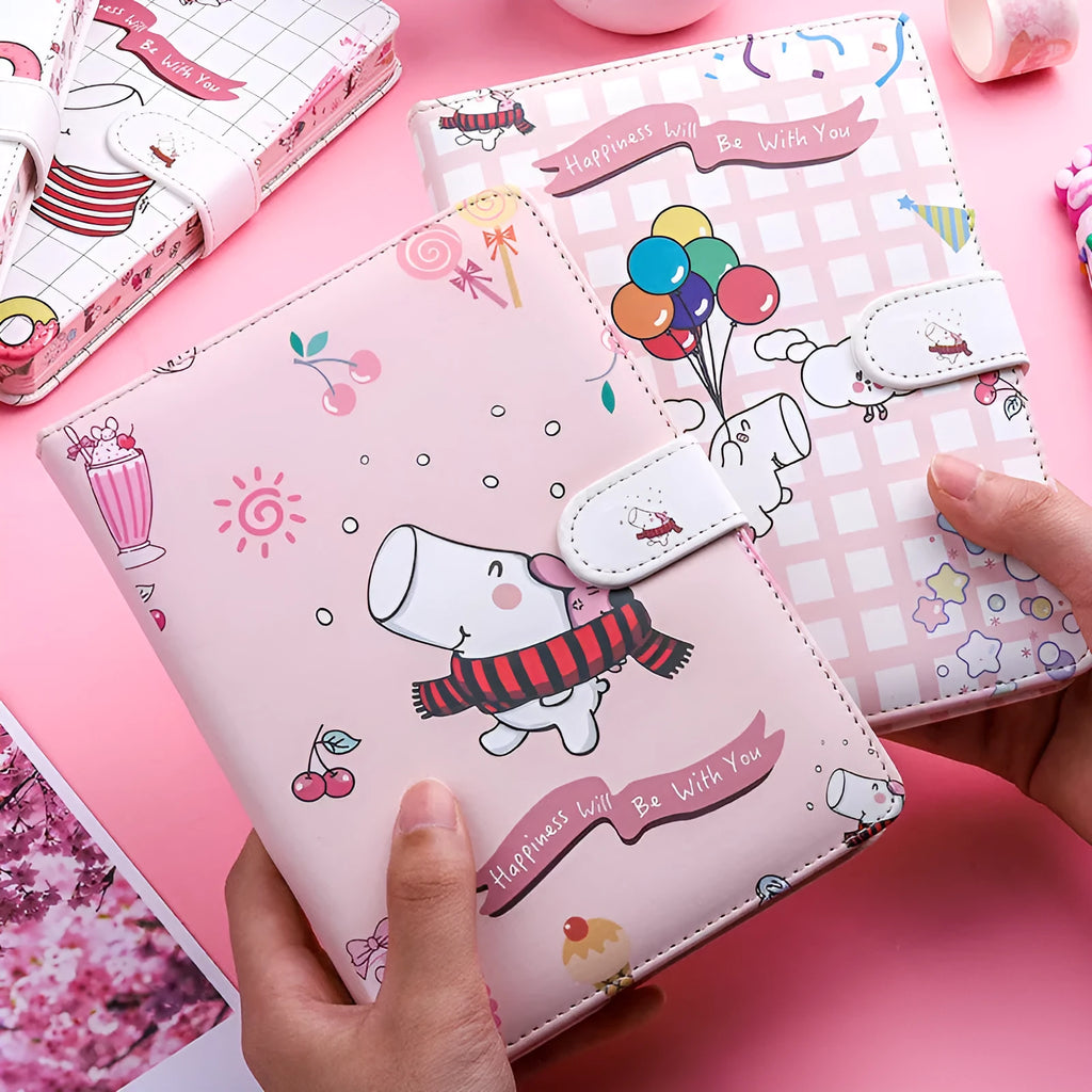Small white Kaba Bear magnetic buckle notebook with 224 pages, showing compact 135mm x 185mm size.