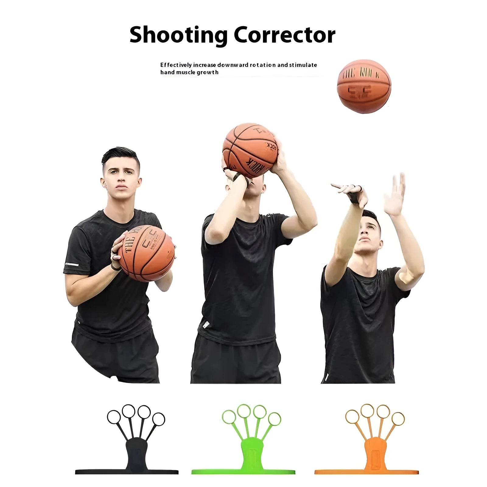 Basketball shooting brace for finger training and three-point shooting practice, shown in black and orange.