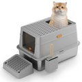 Grey enclosed cat litter box with pedal-operated entrance and dustbin-style ABS plastic construction.