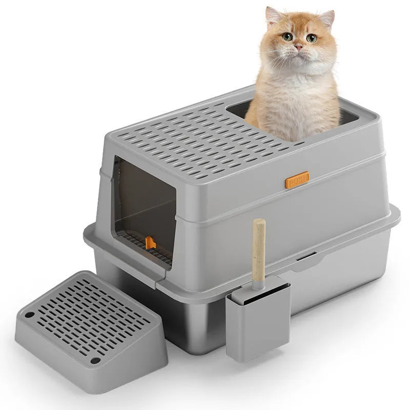 Grey enclosed cat litter box with pedal-operated entrance and dustbin-style ABS plastic construction.