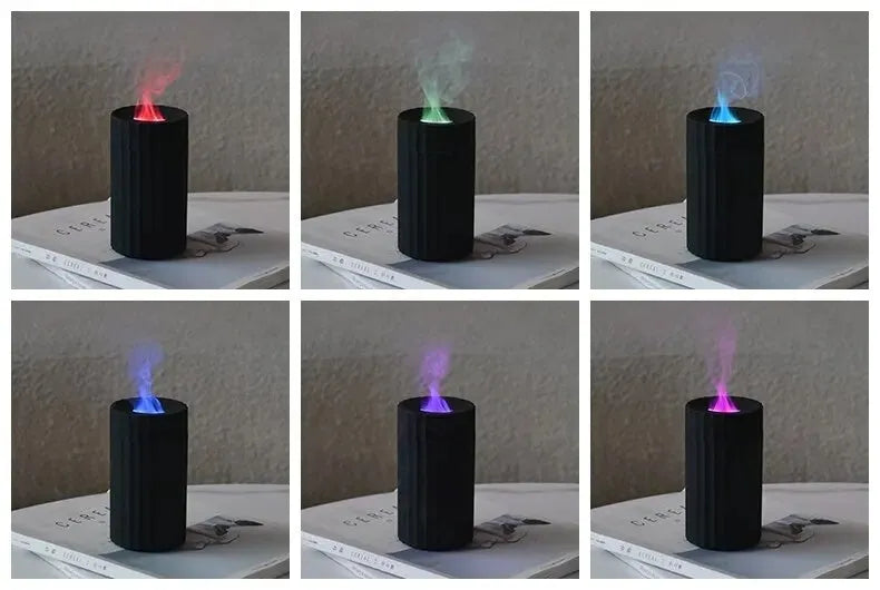 Black and white USB humidifier diffuser with simulated flame LED lights and water tank