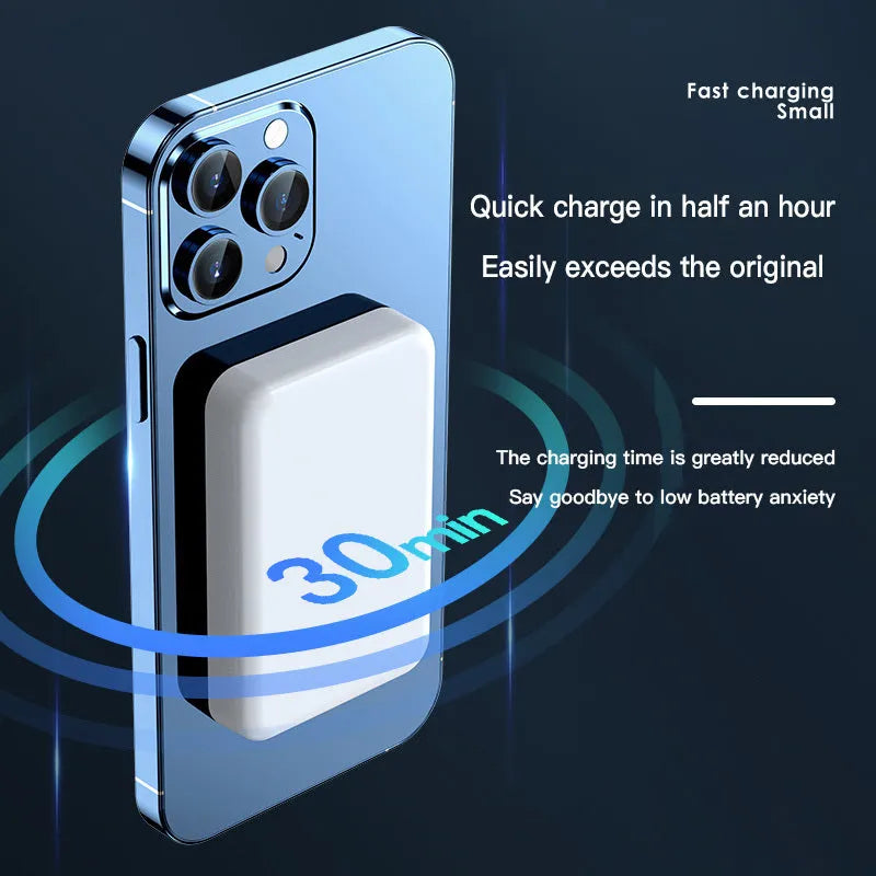 Pink plastic magnetic wireless power bank showing dimensions 100x64x18mm with 20000mAh capacity