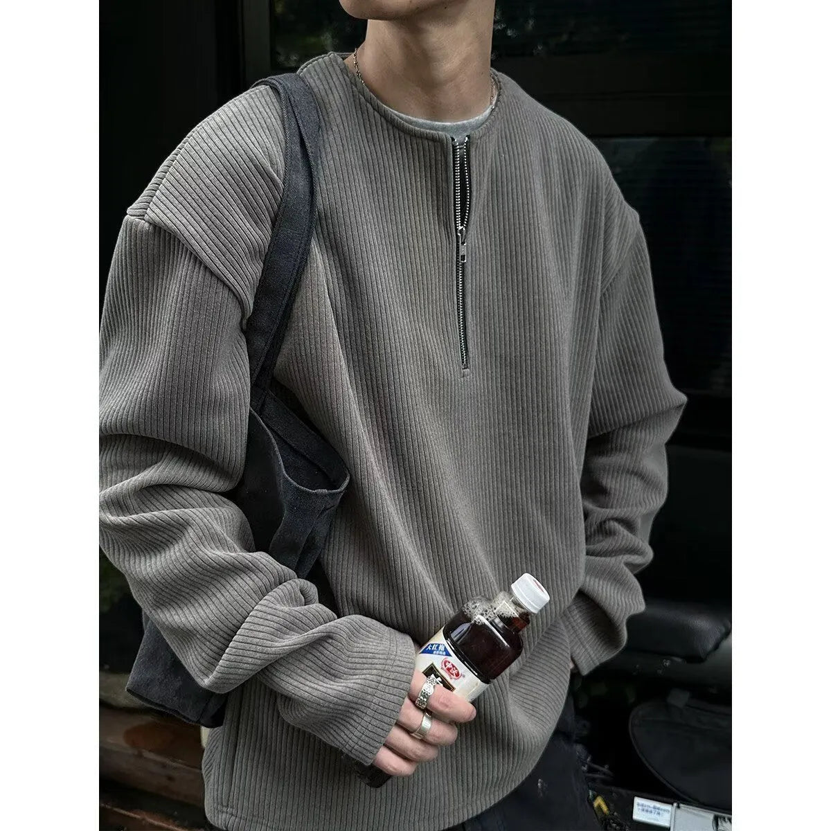 Solid colour women's pullover top with long sleeves in grey, black, or apricot for spring layering